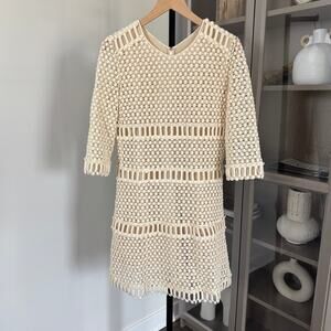 Chloe Crochet Textured Pattern Knit Wool Cotton Mini Dress 38 Ecru Vert V-Neck